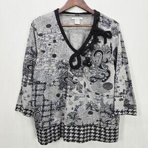 Vtg 90s Y2K Alberto Makali Top XL Gray Paisley 3/4 Sleeve Wool Blend Embellished
